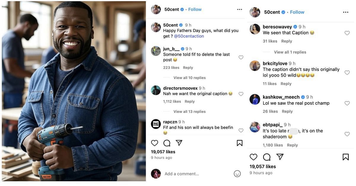 A screenshot of comments about 50 Cent's original Father's Day post caption (Screenshots via Instagram/@50cent)